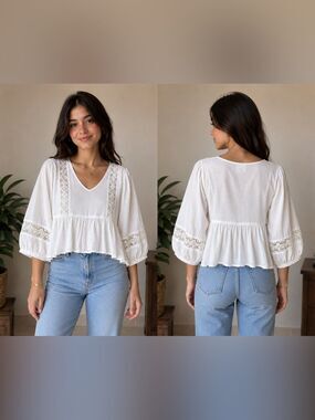 (A5) BROADWAY 38 White oversized cropped top with embroidered ribbon details,S